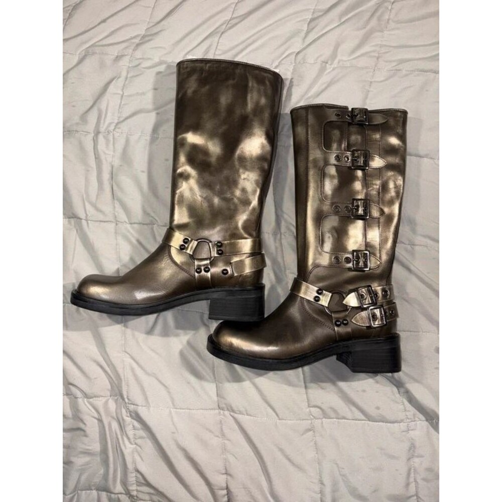New Steve Madden Rocky Distressed Leather Buckle Hardware Tall Moto Boots Sz 8.5
